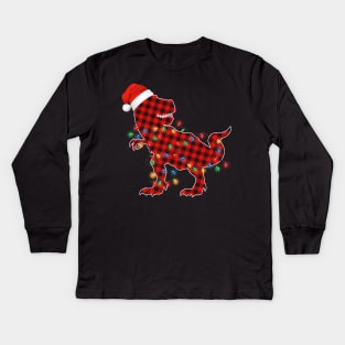 Funny Dinosaur T Rex Wearing santa hat, christmas lights and red buffalo plaid Kids Long Sleeve T-Shirt